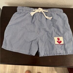 Kids Blue Gingham Swim Trunks with Anchor Patch